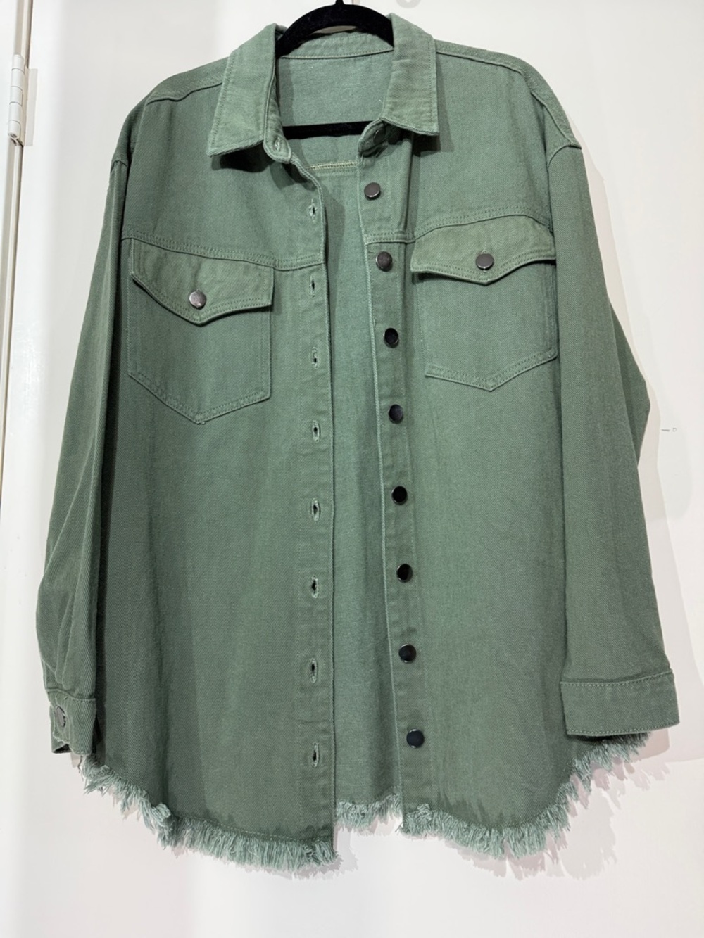 Olive Green Frayed Hem Button-Up Denim Shacket